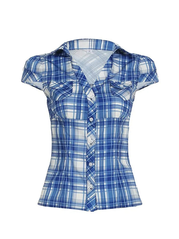 Aiertu  -  Vintage Plaid Button-Up Collared Short Sleeve Shirt Aiertu