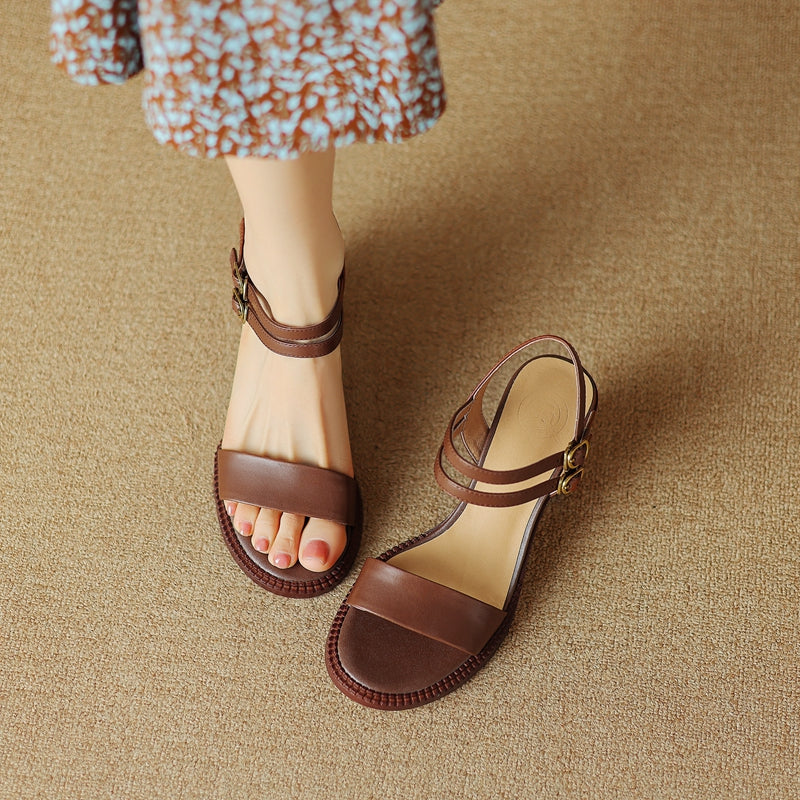 Aiertu  New Fashion Sandals Women Cow Leather Solid Color Magic Strap Elegant Ladies Outdoor Summer Retro High Heel Shoes Handmade Aiertu