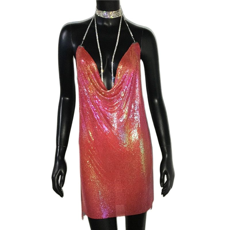 Aiertu Sexy Gold Sequined Patchwork Mini Dress Women Sleeveless Low Cut Metal Chains Halter Slim Charming Nightclub Party Dresses Aiertu