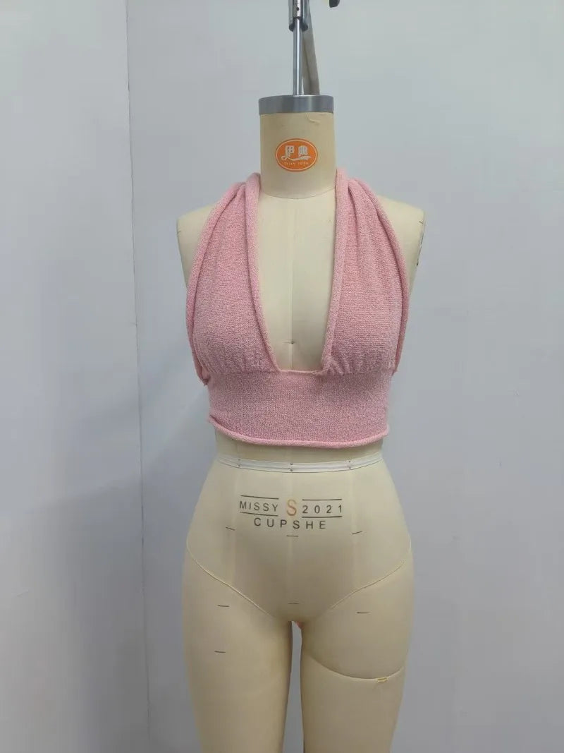 Aiertu  -   Beach Knit Backless Tank Tops Hot Girls Fashion Pink Bodycon Vacation Bra Ladies Sexy Off Shoulder Party Club Tops 2025 Aiertu