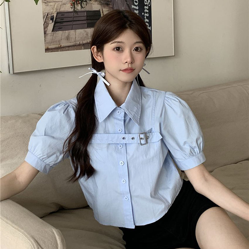 Aiertu Y2K Puff Short Sleeve Blouse Women Asymmetrical Belt Chic Slim Shirts Student Summer Korean Irregular White Crop Tops New Aiertu