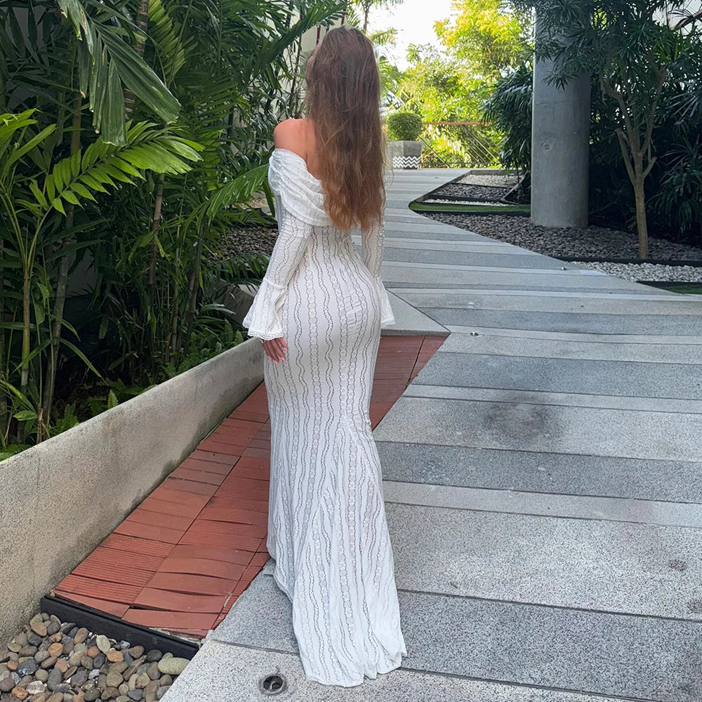 Aiertu  Autumn Long Sleeve Off The Shoulder Bodycon Dress New Mermaid Wedding Guest Party Dresses for Women White Dress Aiertu