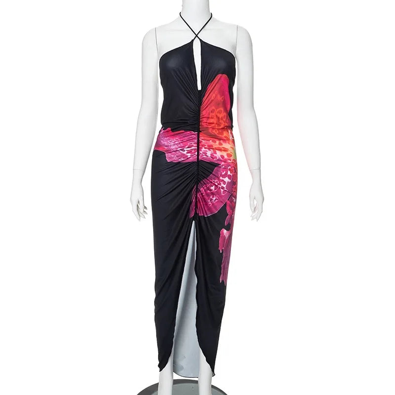 Aiertu  -   Spaghetti Strap Sleeveless Halter Backless Lace Up Floral Print Split Maxi Hip Dress Celebrity Urban Leisure Vestidos Aiertu