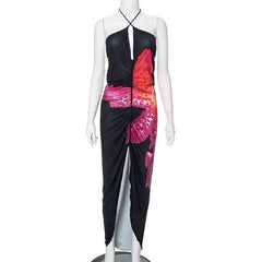 Aiertu  -   Spaghetti Strap Sleeveless Halter Backless Lace Up Floral Print Split Maxi Hip Dress Celebrity Urban Leisure Vestidos Aiertu