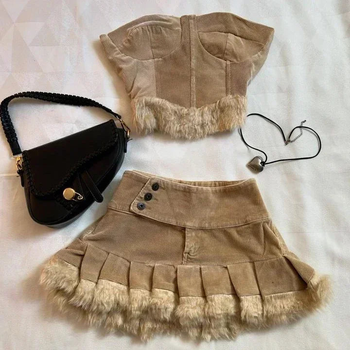 Aiertu  -  Y2K Knitted Splicing Two Piece Set for Women Harajuku Fashion Bow Long Sleeved Knitted Sweatshirt Mini Pleated Skirt Autumn Suit Aiertu