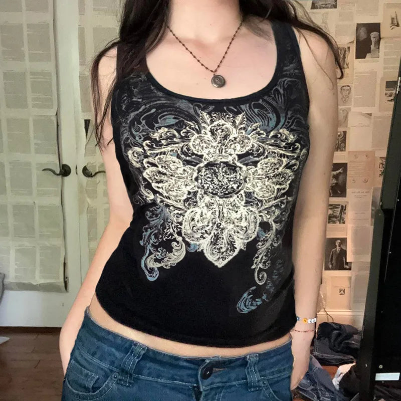 Aiertu  -  Dark style retro printed vest top round neck slim pullover sleeveless knitted top for women summer Aiertu