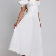 Aiertu  -  Sexy Off Shoulder Blue White Elegant Dress For Women Short Sleeve Lace Up Back A-line Midi Party Dresses Summer Robe Aiertu