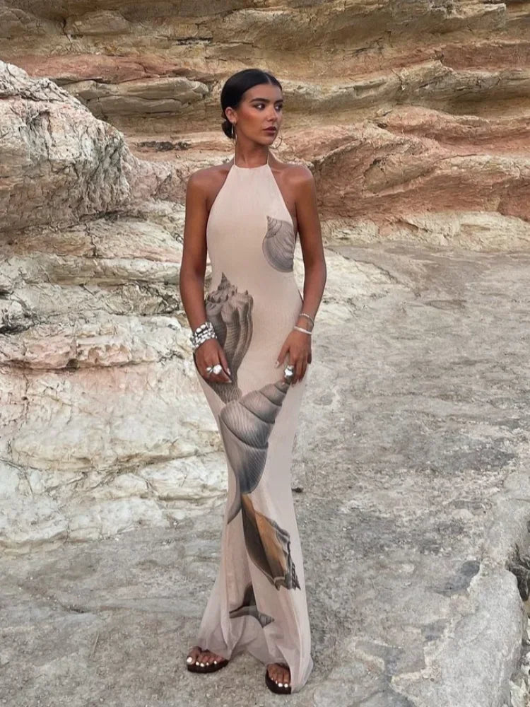 Aiertu  -  Elegant Backless Lace-up Print Long Dress For Women Fashion Off Shoulder Sleeveless Bodycon Maxi Dresses 2026 Lady Vocation Robe Aiertu
