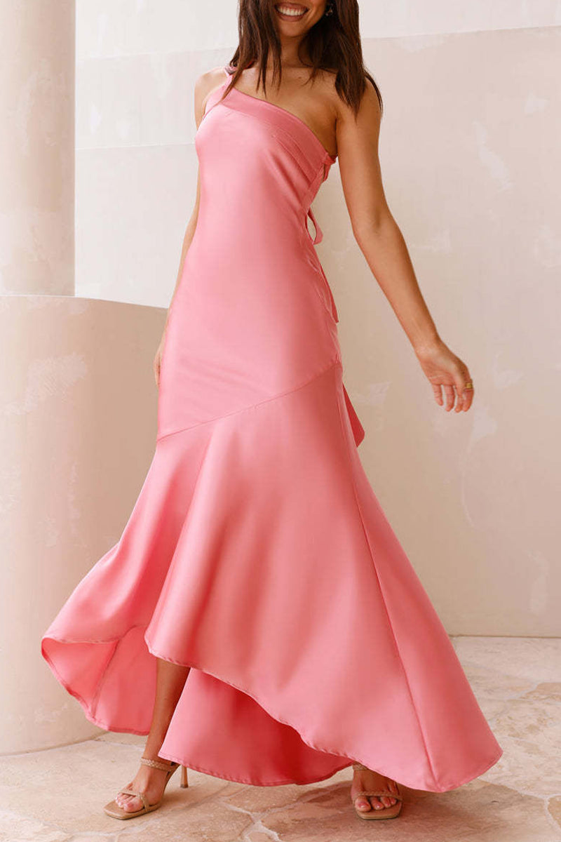 Aiertu  Elegant Ruffle Sloping Shoulder Long Dresses Aiertu