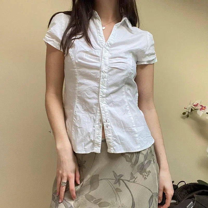 Aiertu  -  White Tie Up T Shirt y2k Women Short Sleeve Turn Down Collar Button Crop Top Vintage Harajuku Korean Tee Summer Casual Aiertu