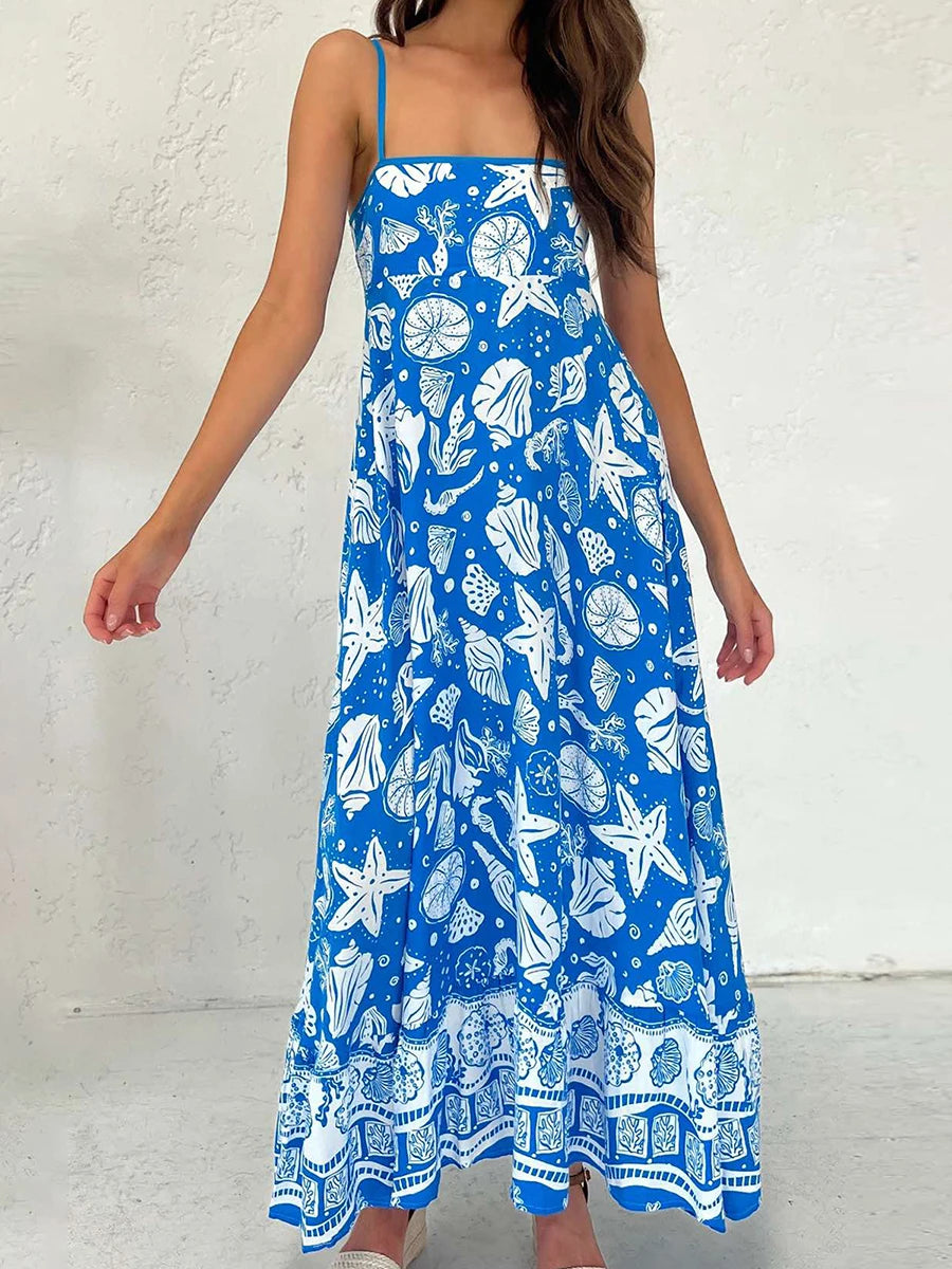 Aiertu  -   Women s Elegant Floral Print Sleeveless Maxi Dress with Adjustable Spaghetti Straps and A-Line Silhouette for Summer Beach Aiertu