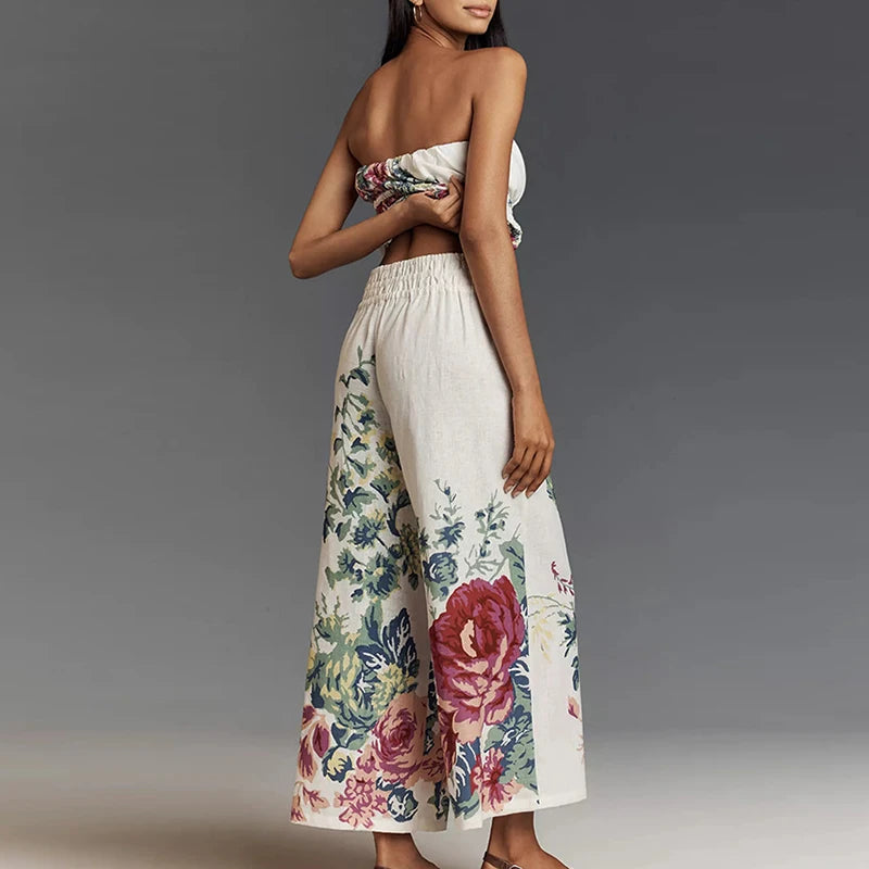 Aiertu  -  Women Sexy Strapless Top & Straight Pants Suit Summer Pattern Printed Backless Beach Set Fashion Backless Ruffle Holiday Outfit Aiertu