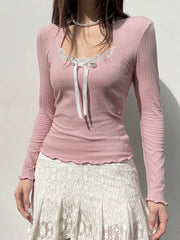 Aiertu - summer inspo Japanese Kawaii Sweet Pink Knitted Ribbed Tee Contrast Lace Tie Bow Square Collar Long Sleeve Basic Spring Autumn T Shirt Women Aiertu