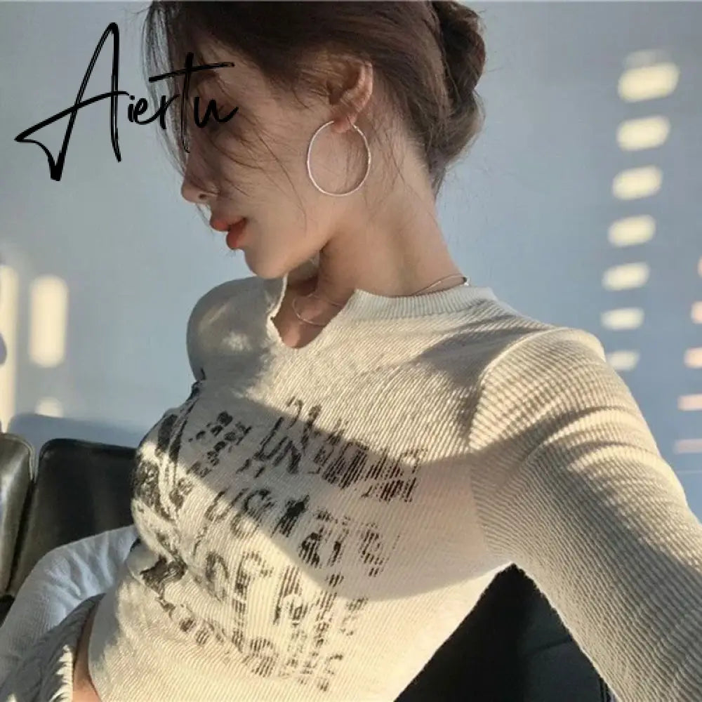 2000s Retro Harajuku Grunge T-shirt Graphic Print Long Sleeve Crop Top Chic Women Vintage Slim Fit Korean Fashion Tees Clothes Aiertu