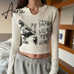 2000s Retro Harajuku Grunge T-shirt Graphic Print Long Sleeve Crop Top Chic Women Vintage Slim Fit Korean Fashion Tees Clothes Aiertu