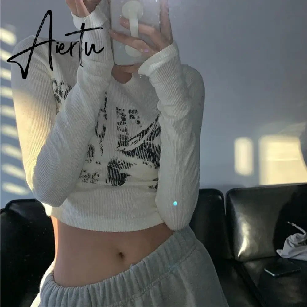 2000s Retro Harajuku Grunge T-shirt Graphic Print Long Sleeve Crop Top Chic Women Vintage Slim Fit Korean Fashion Tees Clothes Aiertu