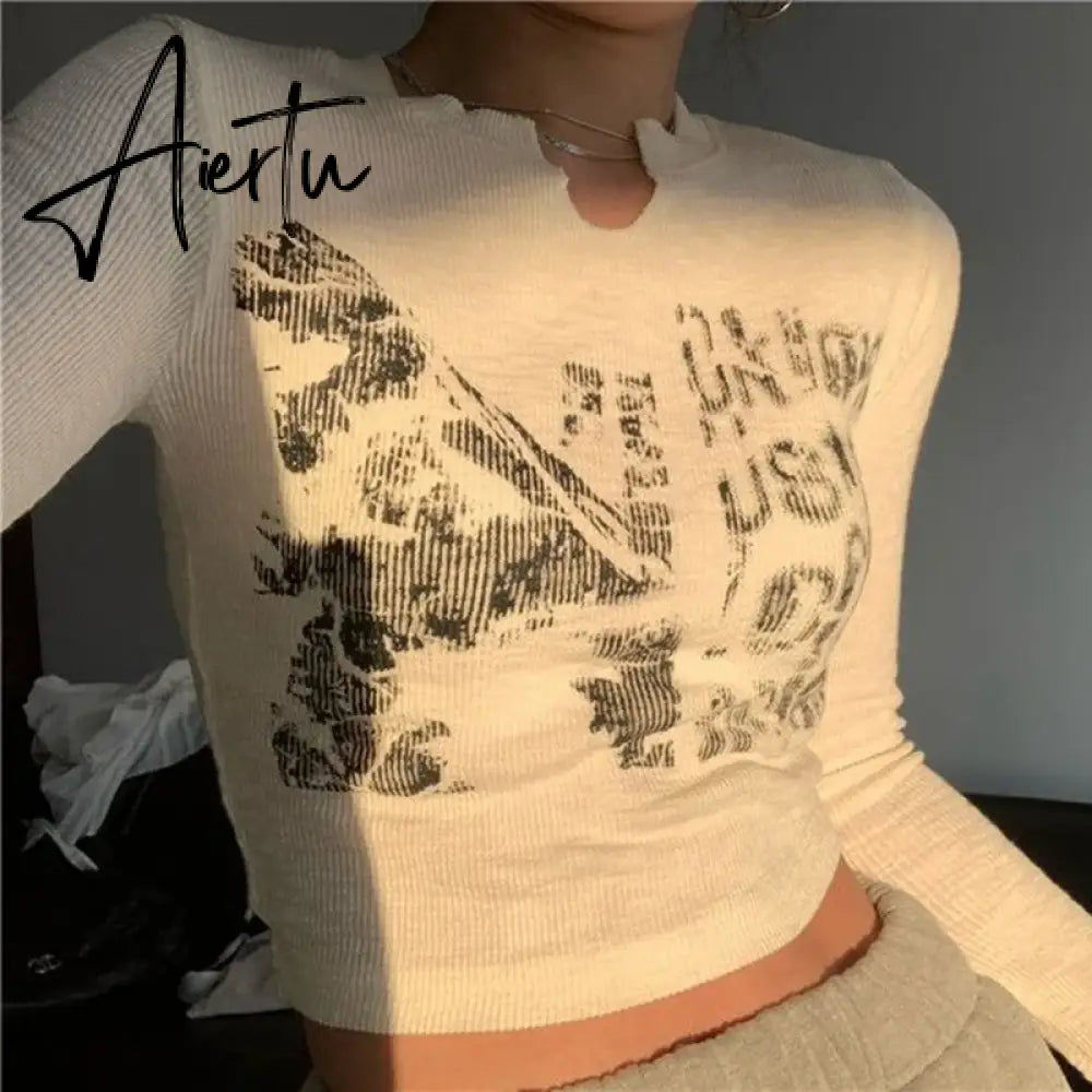 2000s Retro Harajuku Grunge T-shirt Graphic Print Long Sleeve Crop Top Chic Women Vintage Slim Fit Korean Fashion Tees Clothes Aiertu