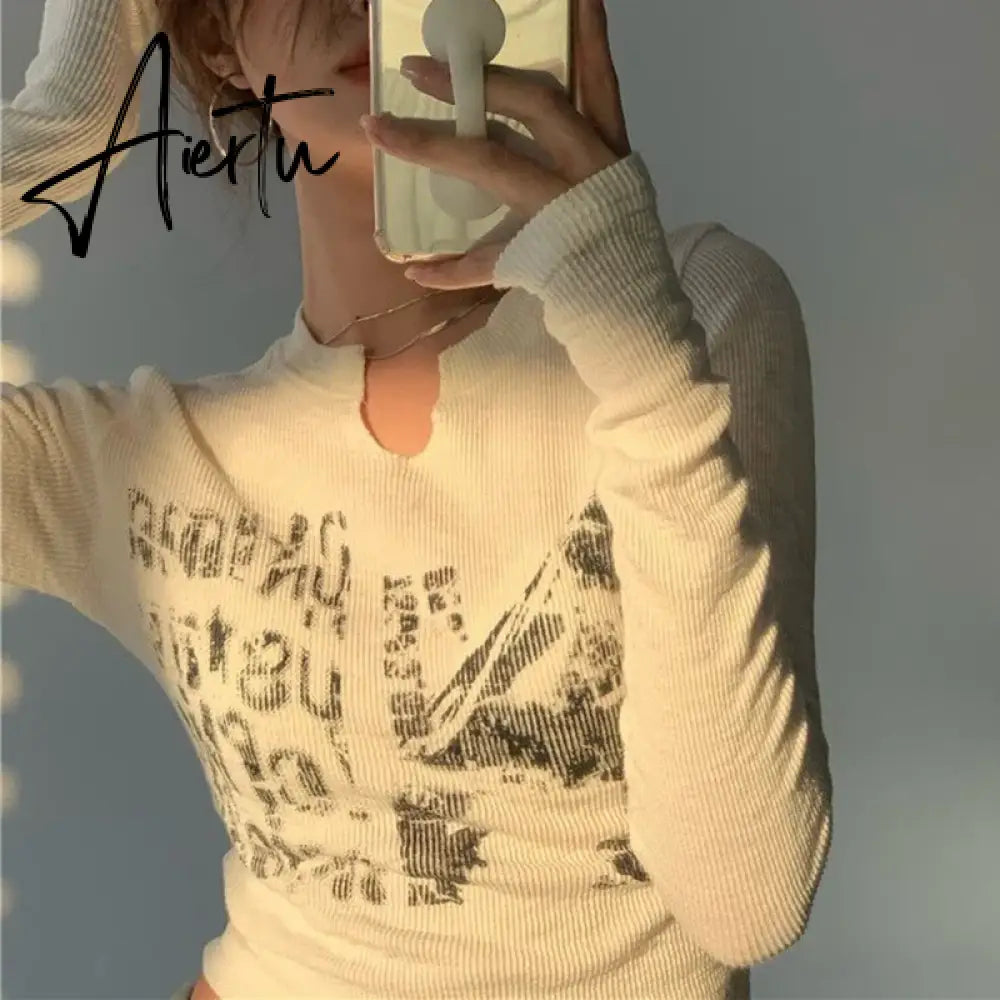 2000s Retro Harajuku Grunge T-shirt Graphic Print Long Sleeve Crop Top Chic Women Vintage Slim Fit Korean Fashion Tees Clothes Aiertu