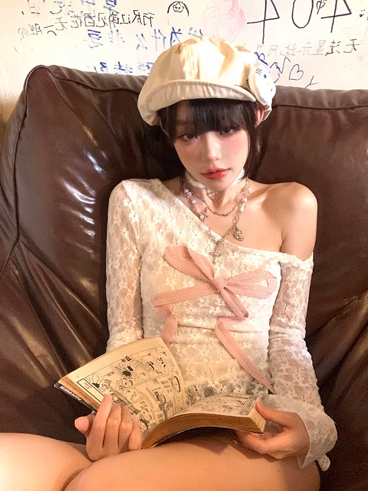 Aiertu  -  Flowy Ruffle Hem Long Sleeve T-shirt Women White Floral Lace Ribbon Off Shoulder Asymmetrical Top Fall Female Clothing Aiertu
