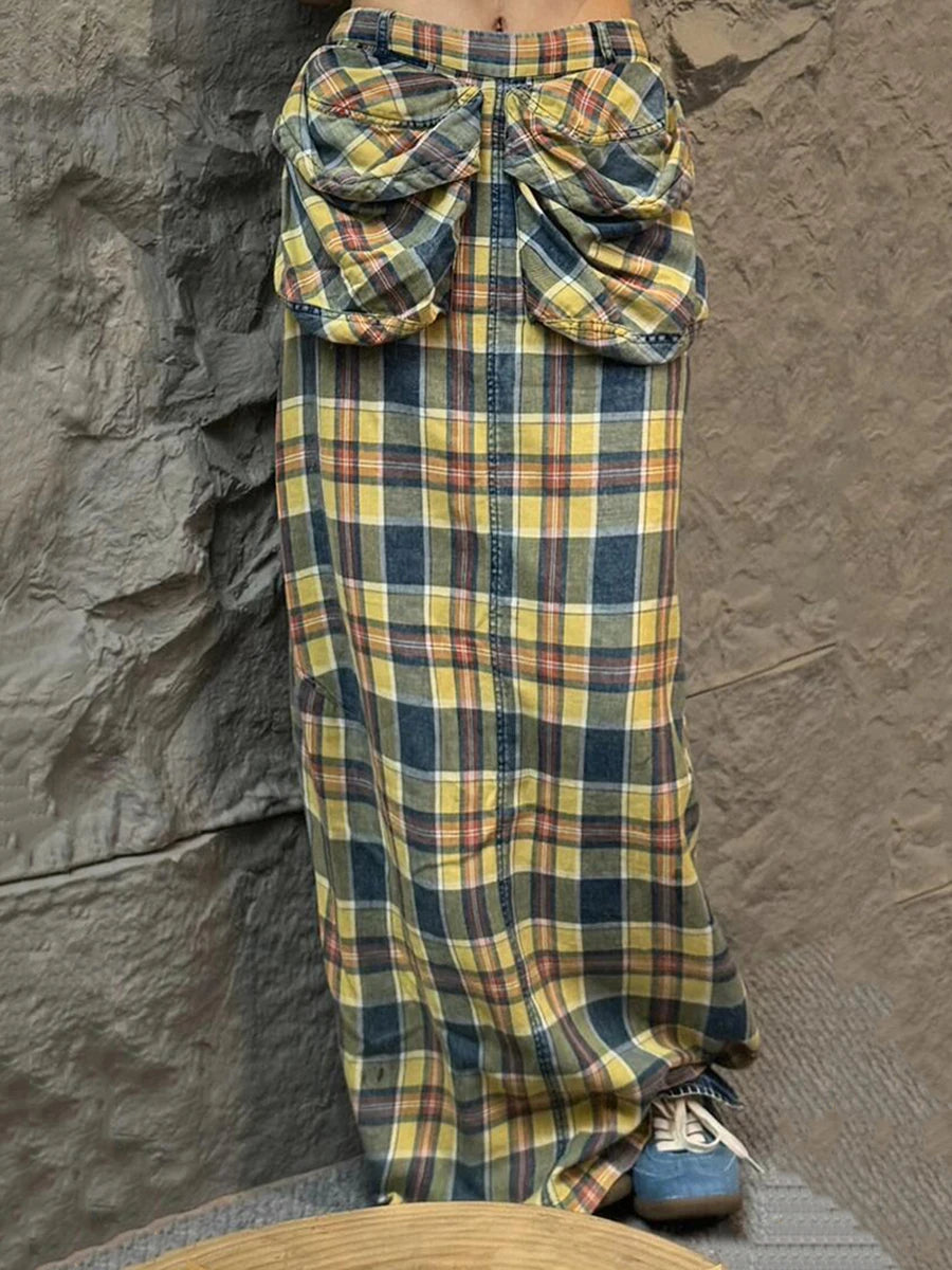 Aiertu  -  Tall Girl Checkered Maxi Long Skirt Women Contrast Straight Loose Big Pockets Cargo Skirt Casual Holiday Retro Clothes Aiertu