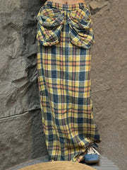 Aiertu  -  Tall Girl Checkered Maxi Long Skirt Women Contrast Straight Loose Big Pockets Cargo Skirt Casual Holiday Retro Clothes Aiertu