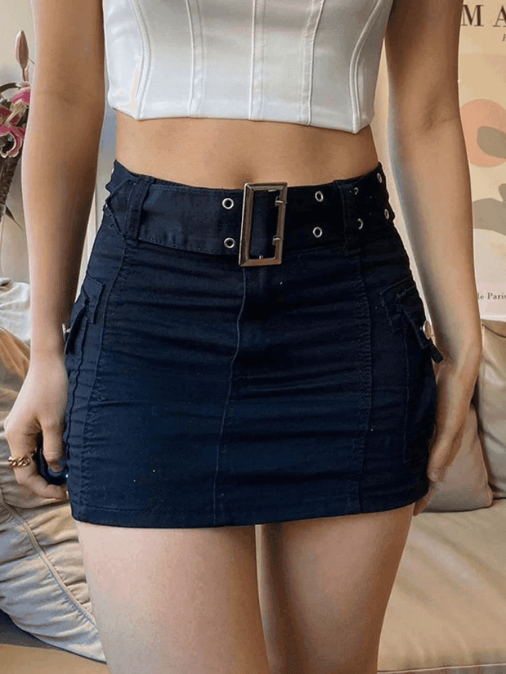 Aiertu  -Buckle Belt Denim Cargo Mini Skirt aiertu