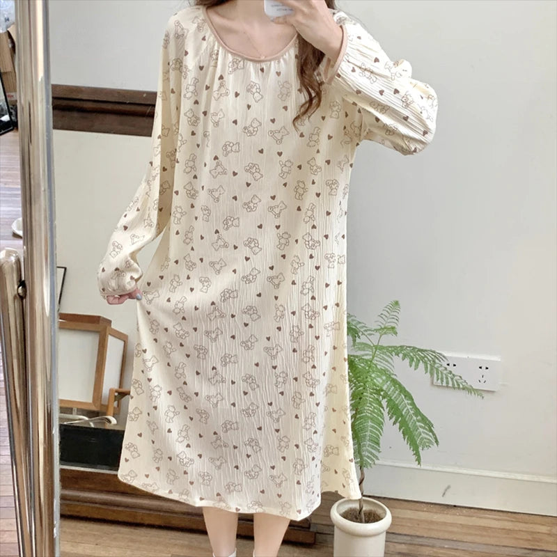 Aiertu Long Sleeve Nightgowns Women Floral Bow Temper Autumn Home Cozy Aesthetic O-neck Prairie Chic All-match Sleepwear Korean Style Aiertu
