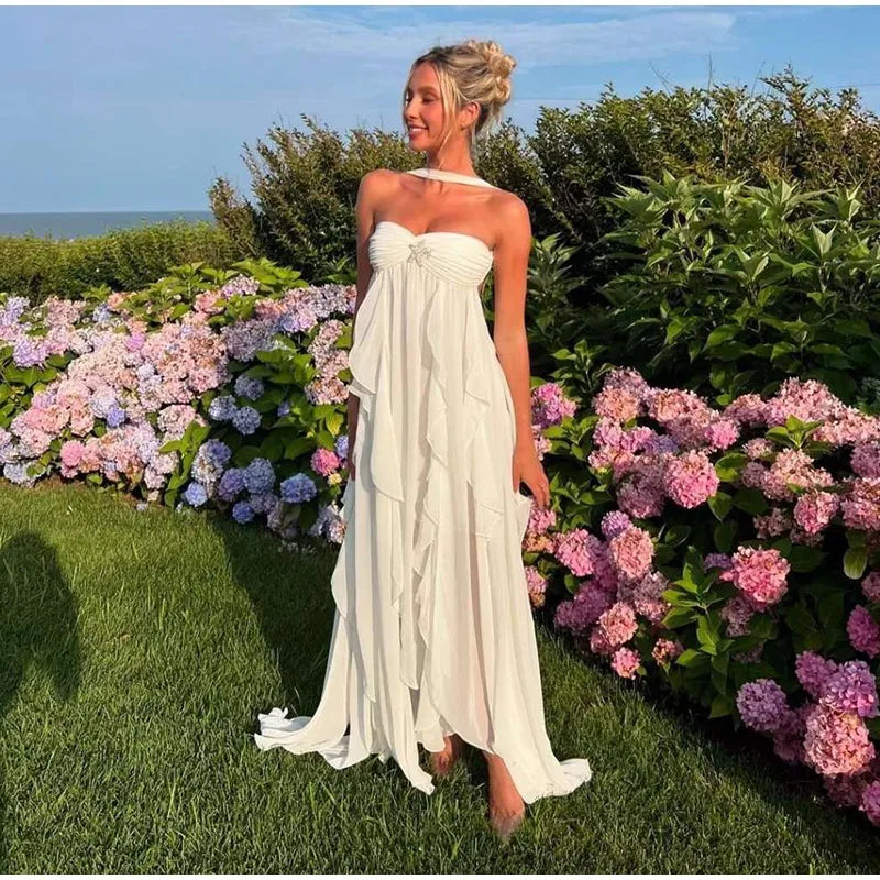 Aiertu  -  Sexy Backless Halter Women's Dresses Fashion Ruffly Pleated Sleeveless Long Dresses Women Retro Elegant Beach Party Dress Aiertu