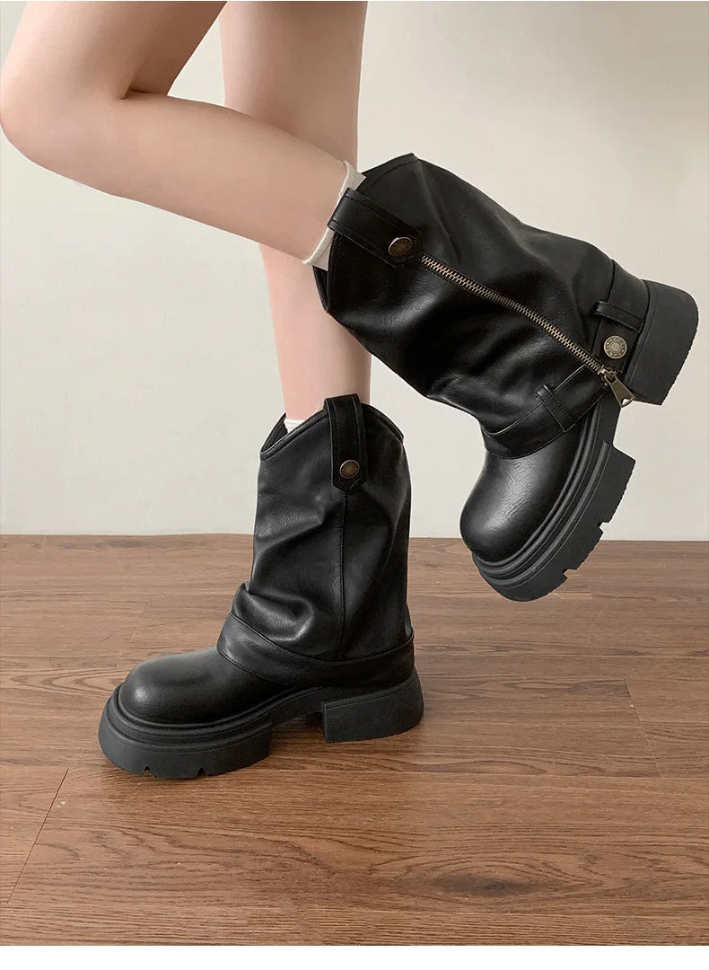 Aiertu    -  Autumn Women's Knee High Boots Western Round Toe Long Boots Women Western Shoes Chunky Heel Platform Women Aiertu