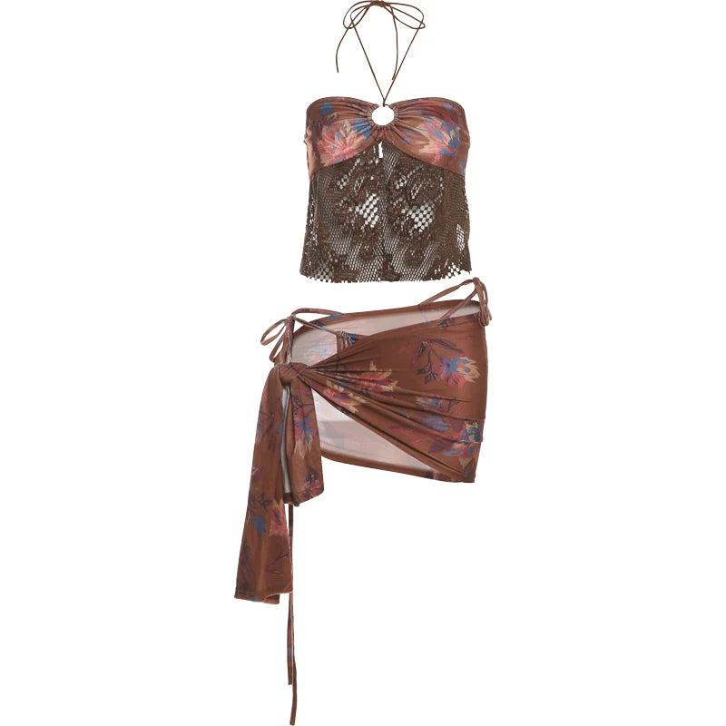 Aiertu  -  Fashion 3 Piece Set Women Flower Print Mesh Patchwork Camisole+Lace-up Briefs+Ruched Knot Skirts Beach Style Outfits Aiertu