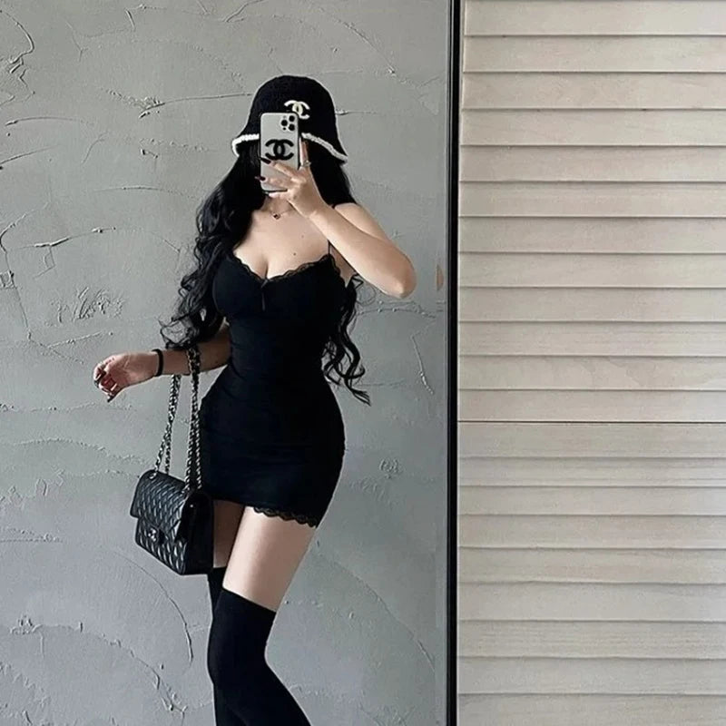 Aiertu Hot Girl Lace Suspender Dress for Women Spring and Summer with Breast Pads Sexy Slim Elegant Low Collar Bottoming Hip Skirt Aiertu