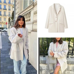 Aiertu  -  Fashion Lapel Faux Fur Mid-length Suit Jacket For Women Casual Single Breasted Long-sleeved Jackets Autumn Winter Warm Outerwear Aiertu