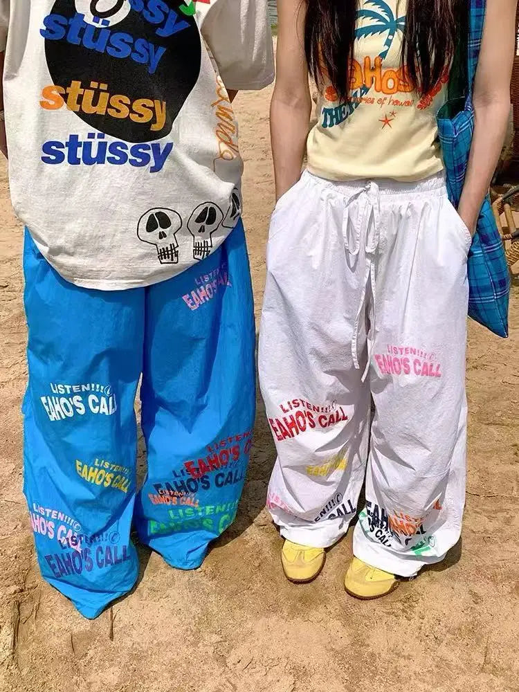 Aiertu  -  Summer new dopamine letter design sports wide-leg paratrooper pants American retro beach mopping trousers Aiertu