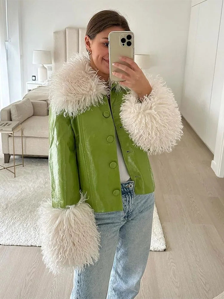 Aiertu  -  Luxury Lamb Wool Patchwork Leather Jacket Women Fashion Long Sleeved Coats 2026 Autumn Winter Lady High Street Outercoat Aiertu
