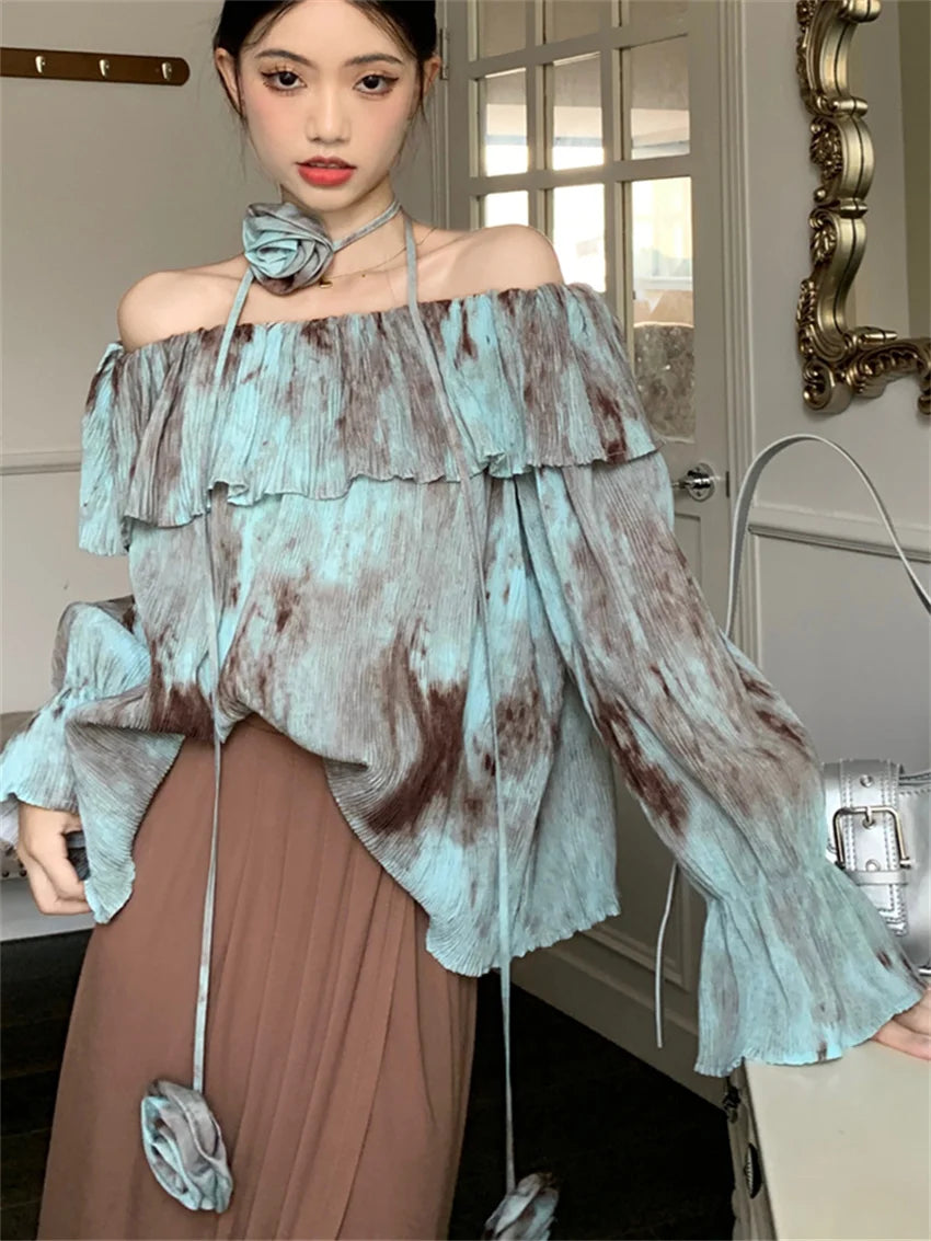 Aiertu  -  Blue Retro Blouses Daily Tie-Dying Ruffles Autumn Chic Loose Slash Neck Slim Office Lady Full Sleeve Ruffles Aiertu