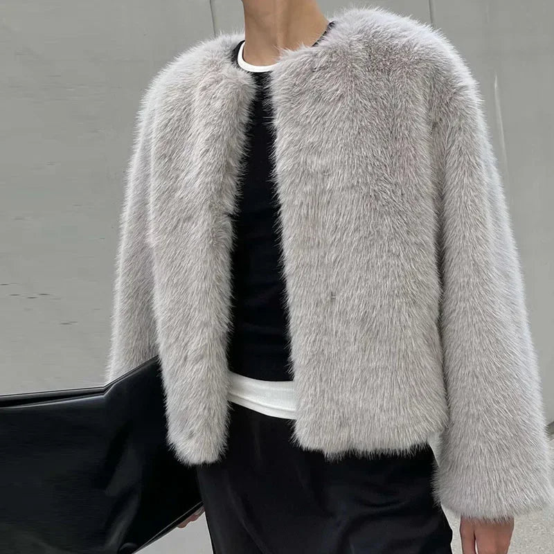 Aiertu  -  Elegant Faux Fur Solid Women Coat O Neck Loose Full Sleeve Female Jacket 2024 Fashion Autumn Winter Warm Thicken Lady Outwear Aiertu