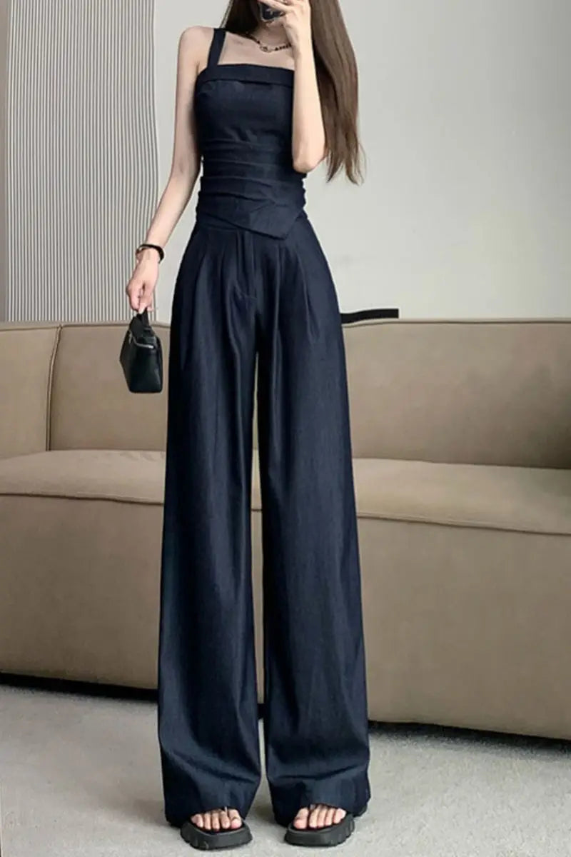 Aiertu  -  Sweet Hot Girl Pure Sexy Suit Women's Summer Denim Camisole Vest High Waist Wide Leg Pants Two-piece Set Fashion Female Clothes Aiertu