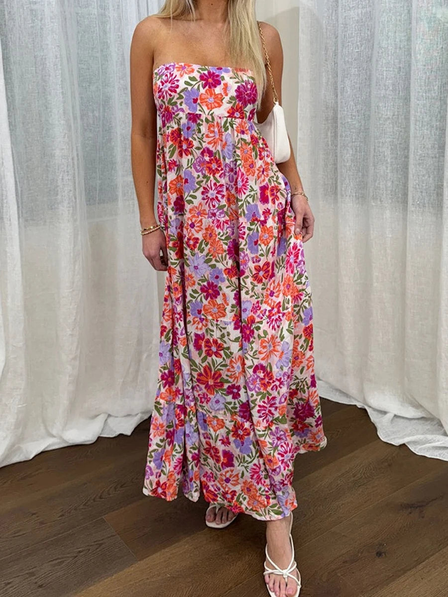 Aiertu  -  Elegant Off-Shoulder Maxi Dress with Boho Floral Print and Lace-Up Back Detail for Summer Wedding Party or Vacation Beachwear Aiertu