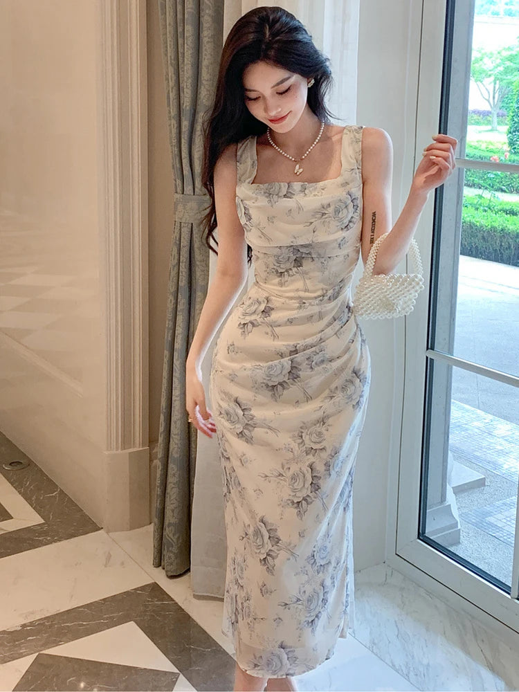 Aiertu  -  Summer Long One Piece Dress For Women Clothes Elegant Pretty Sweet Print Sexy Strap Wrap Hip Slit Midi Party Robe Mujer Vestidos Aiertu