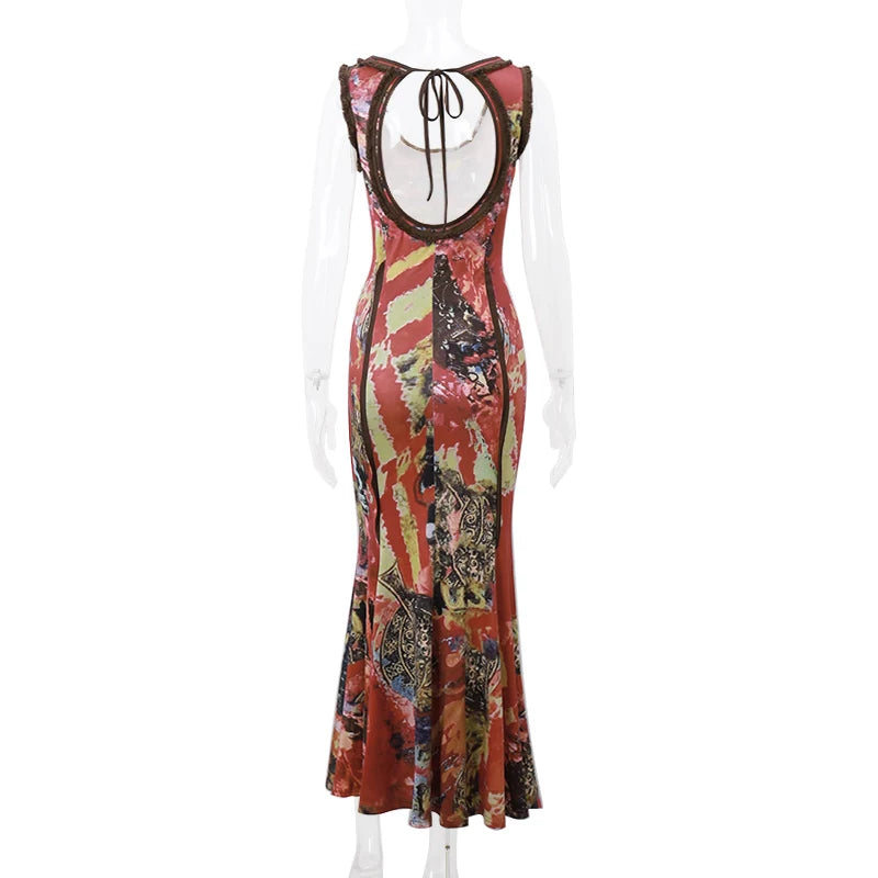 Aiertu  Sexy Backless Hollow Out Sleeveless Maxi Dresses Vintage Oil Painting Print Bodycon Dress Aesthetic Party Slim Vestidos Aiertu