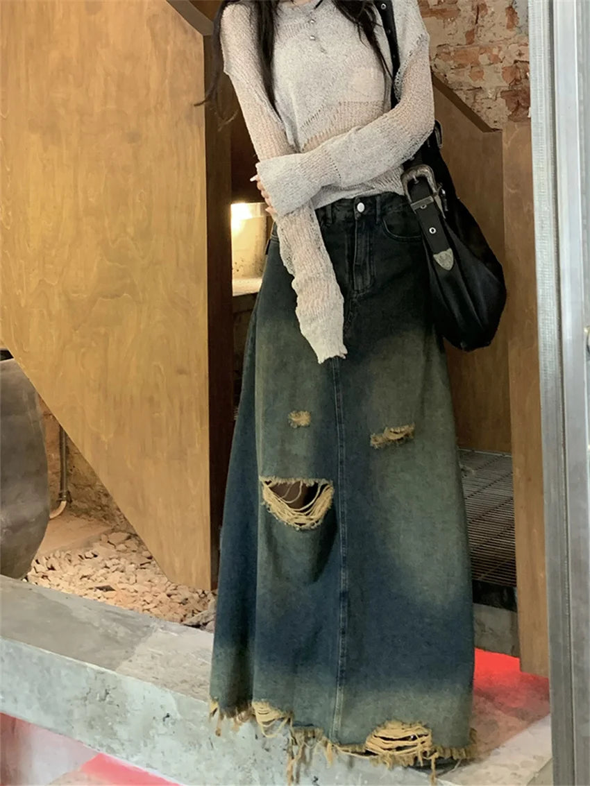 Aiertu  -  Women A-Line Skirts Mopping Denim Chic Autumn Stylish Office Lady High Street Vintage Mopping Jeanswear Slim Aiertu