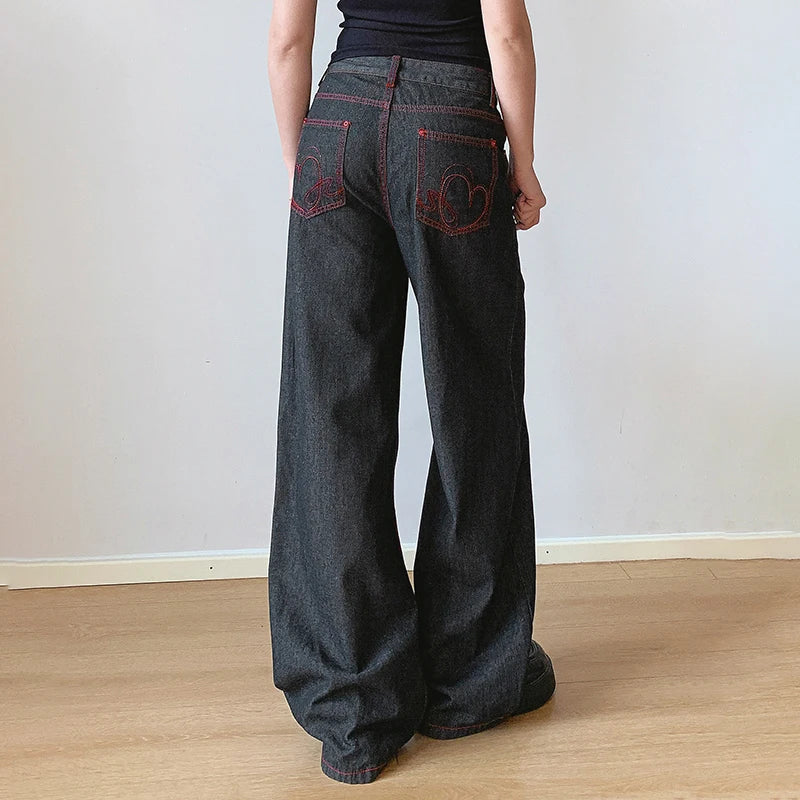 Aiertu  -  Y2K Contrast Stitch Black Straight Jeans Vintage Embroidery Pockets Back Harajuku Vintage Loose Denim Pants Grunge Aiertu