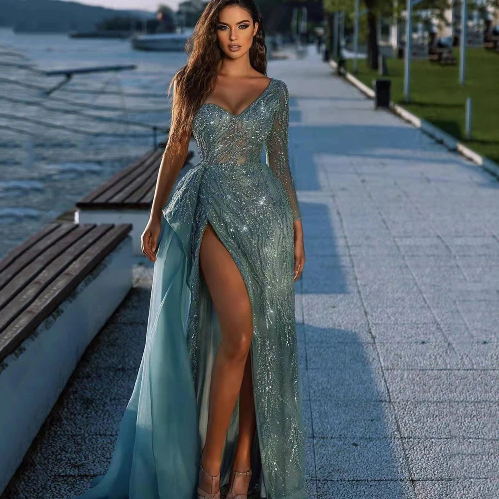 Aiertu  -  Spring and Summer New European and American Women's Banquet Evening Dress Sequin Slit Dress Aiertu
