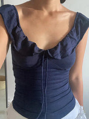Aiertu  -Ruffle Trim Tie U-Neck Fitted Top aiertu