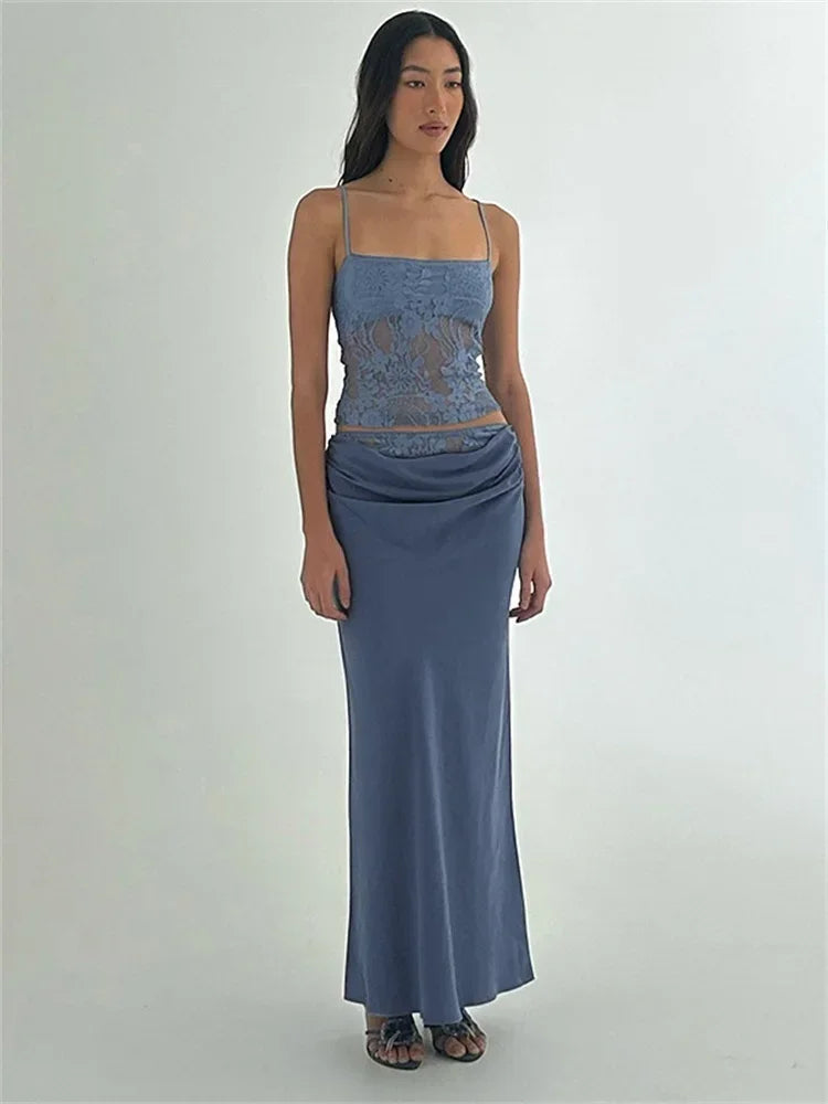 Aiertu  -  Fashion Printed 2 Piece-Set Long Skirt For Women Spaghetti Backless Vest Pullover And High Waist Maxi Skirt Sets Clothes Aiertu