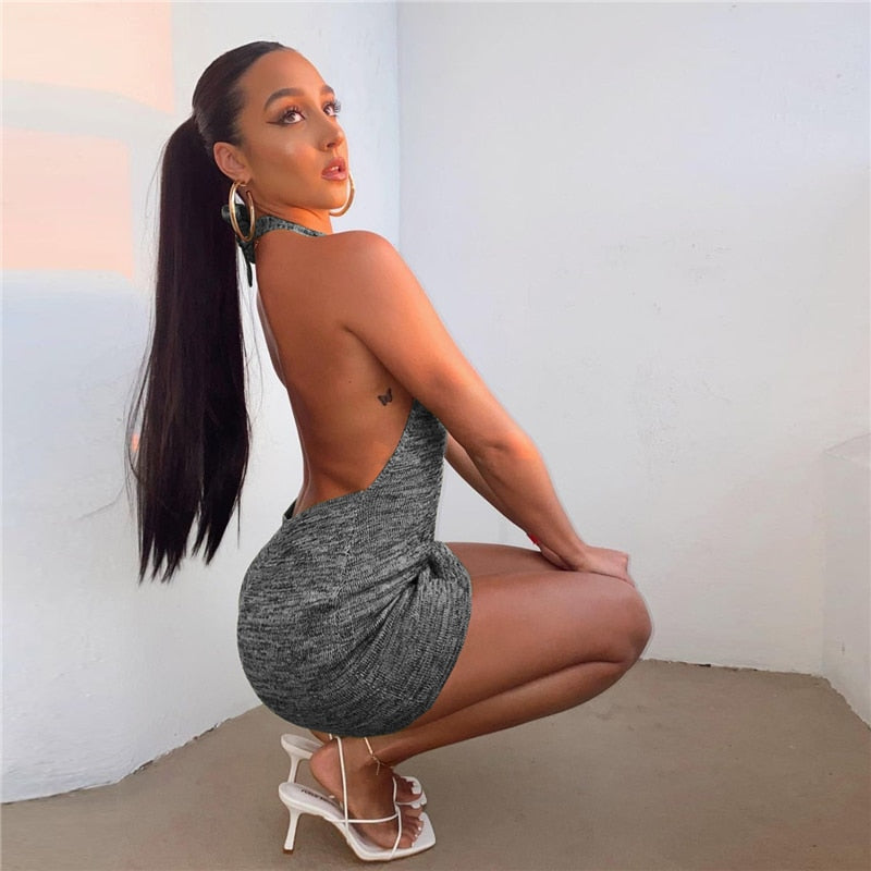 Aiertu Summer Gradient Backless Knit Dress Women New Mini Beach Party Halter Dress Holiday Slim Ladies Stretch Sweater Dress Aiertu