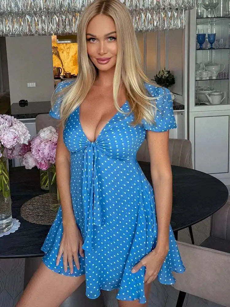 Aiertu  -  Summer New Print Polka Dot Zipper Women Dress Blue Short Sleeve V-neck Bandage Mini Dress Summer Slim Elegant Streetwear Aiertu