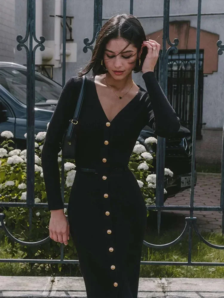 Aiertu  -  Elegant Ancora Red Knitted Bodycon Maxi Dresses Women V Neck Single Breasted High Waist Dress New Autumn Lady Commute Party Robe Aiertu