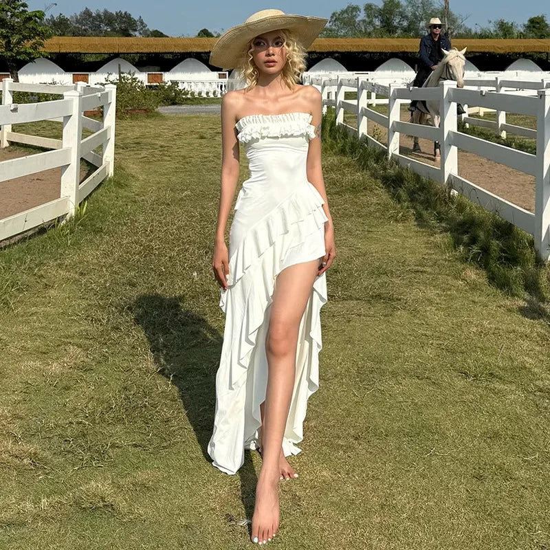 Aiertu  -  Strapless Ruffled Split Long Dresses Elegant Sexy White Asymmetrical Frilly Dresses for Woman Summer Clothes P94-DD49 Aiertu