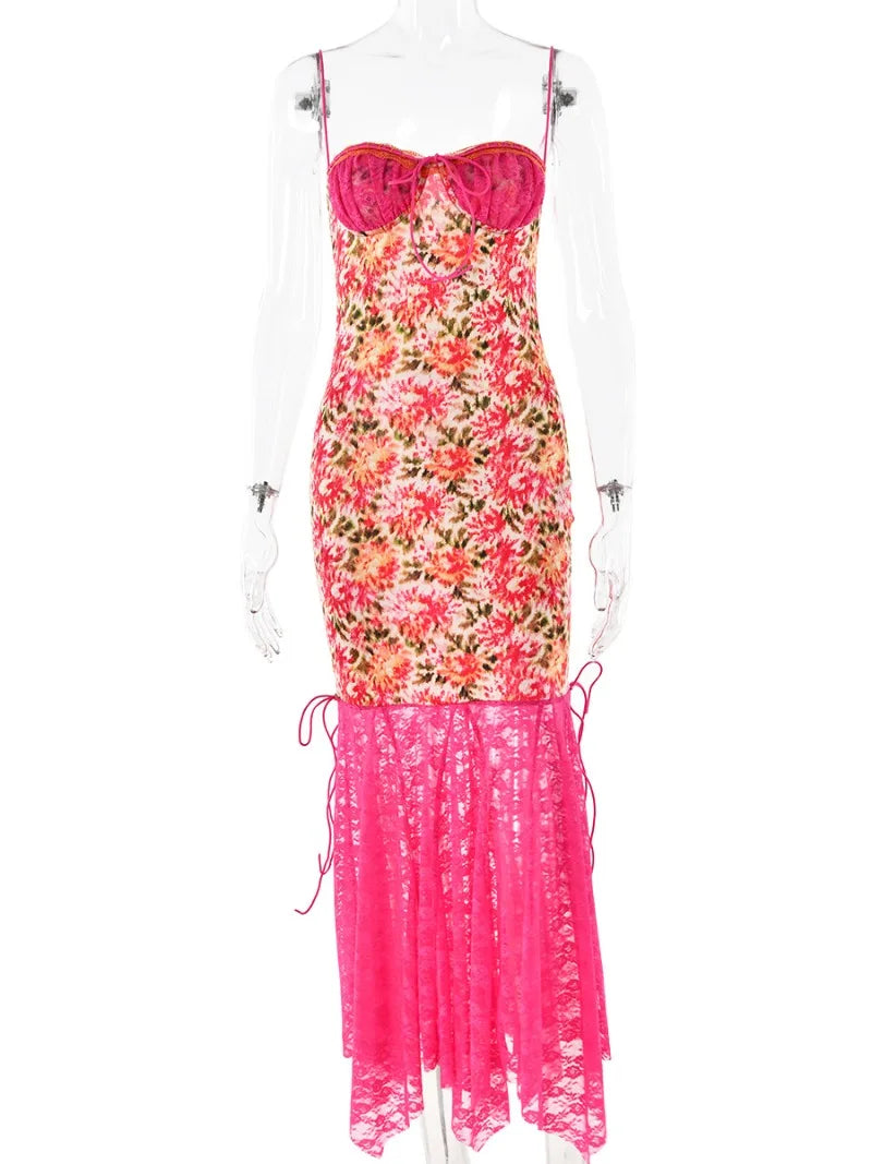 Aiertu  -  Woman Spaghetti Strap Lace Patchwork Evening Dress Sexy Bandage Floral Printed Backless Bodycon Long Party Birthday Dresses Aiertu